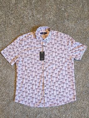 Stone Rose Pink and Brown Palm Print Short Sleeve Button-Down Shirt